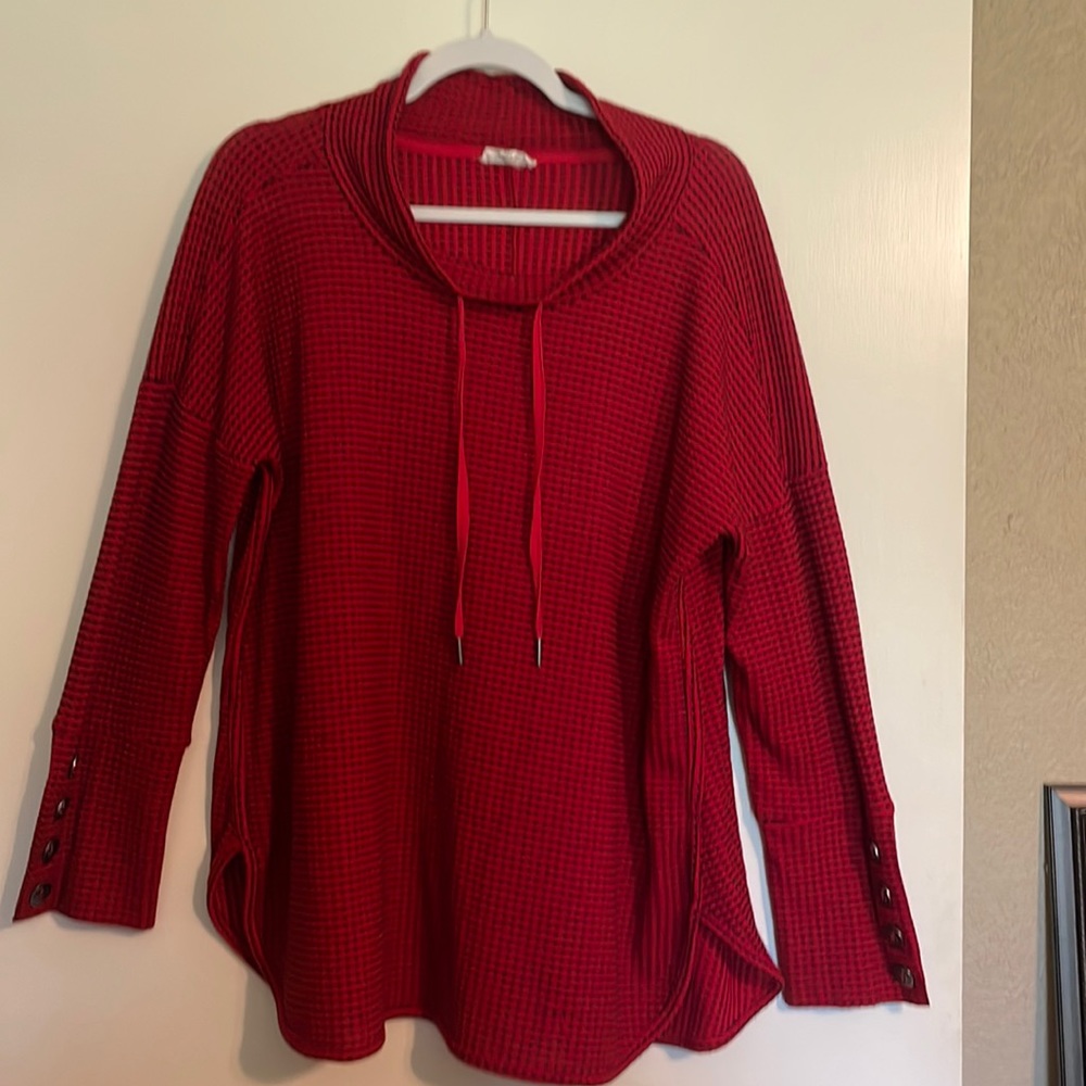 Westbound red & black waffle knit tunic with string tie at mock cowl neck